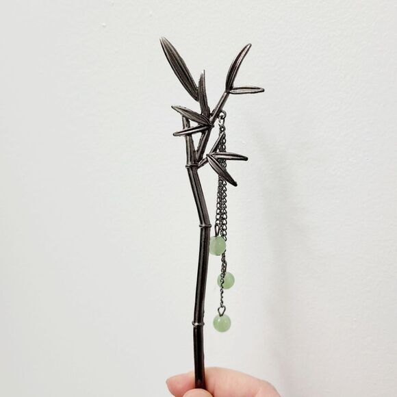 Brand New Titanium Black Bamboo With Green Jade Hair Pin - Picture 5 of 7